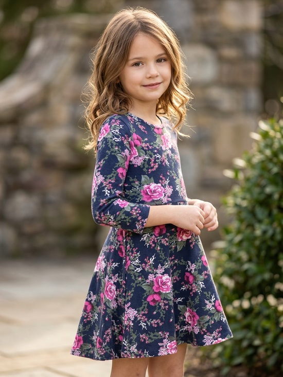 Joe Fresh Other - Joe Fresh Navy Floral Fit-and-Flare Dress with Pink Roses